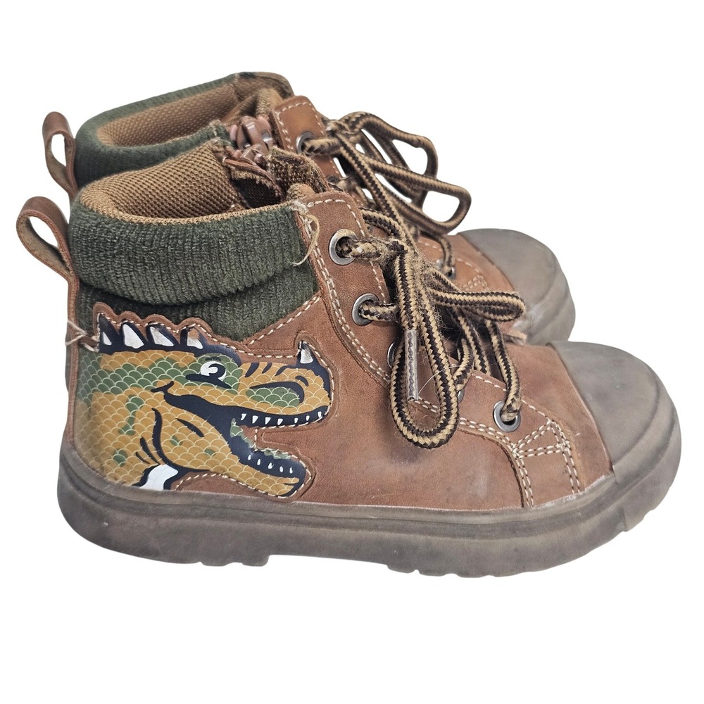 Kids Brown Dinosaur High Top Sneakers Side Zip Boots Size 9 Toddler
